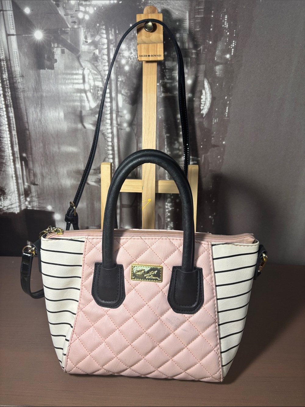 Luv Betsy Betsy Johnson Quilted Pink and Stripe Tote Bag with Black Handles Y2K